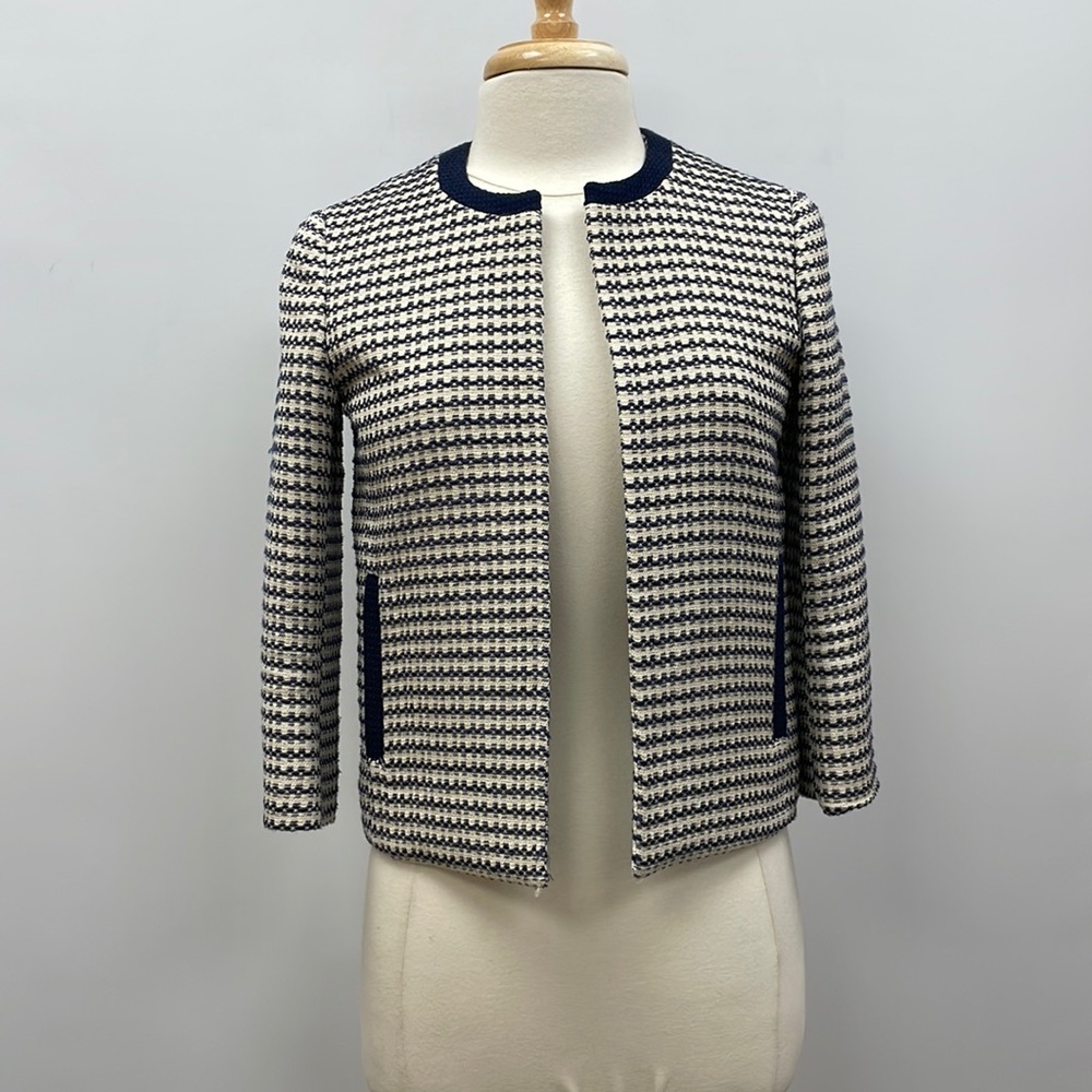 Massimo Dutti Tweed Open Front Blazer Careerwear Academia Nautical Navy Cream 2